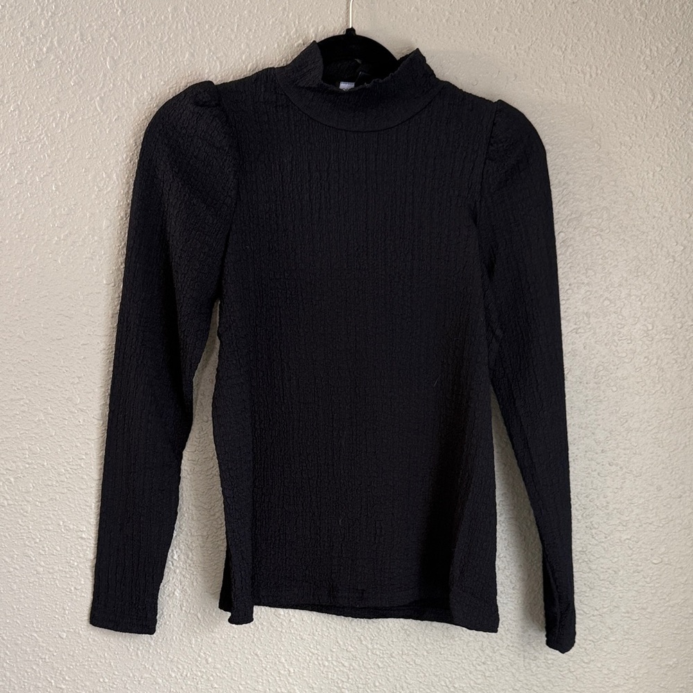 Black Long Sleeve Mock Neck Top with Puff Shoulders